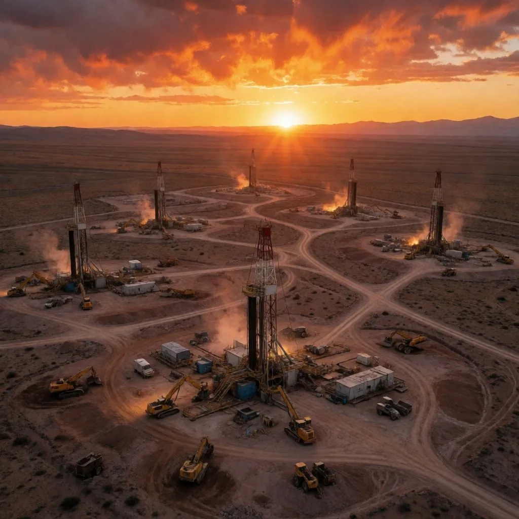 Operaciones de perforación en la formación Vaca Muerta al atardecer