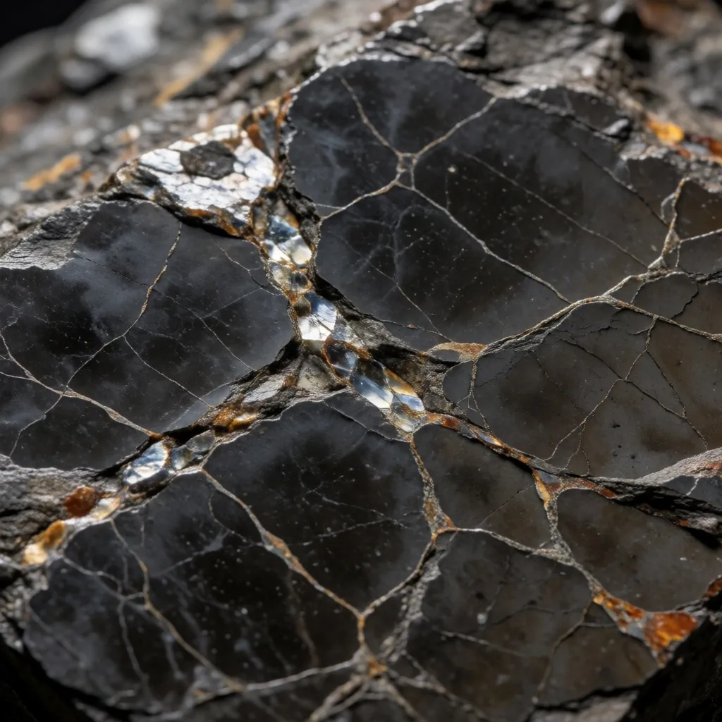 Macro detail of shale rock with fractures and mineral veins