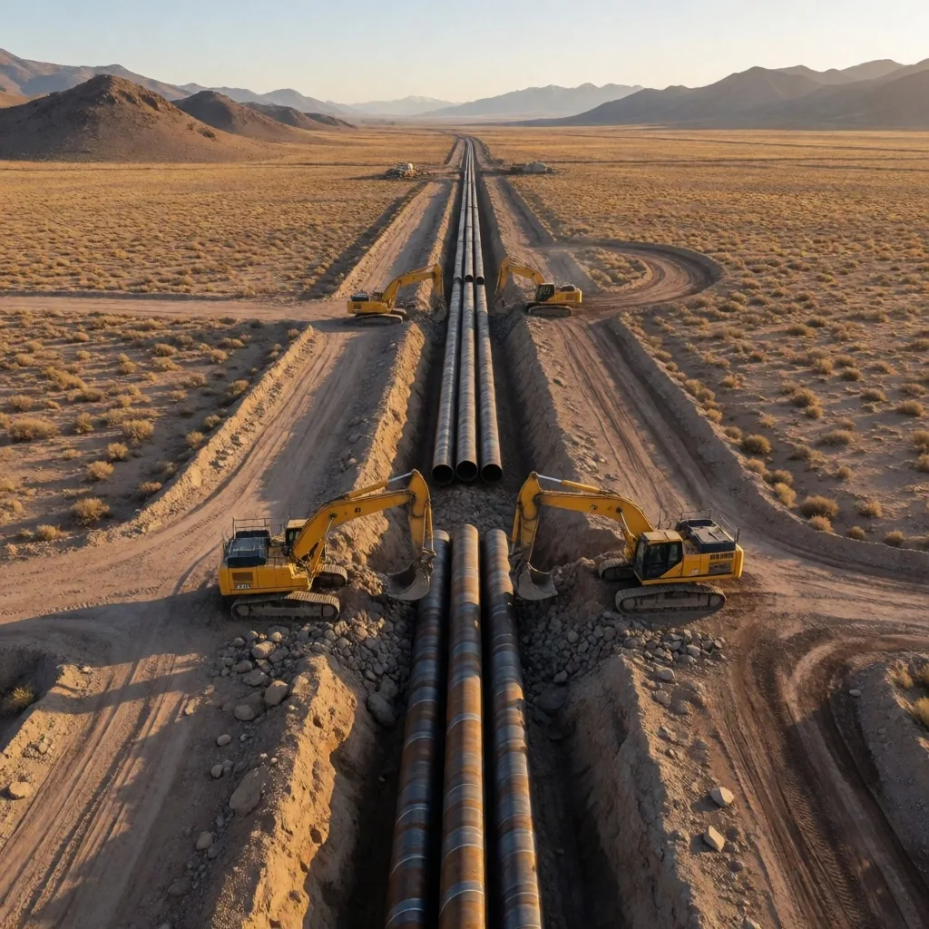 Construcción de gasoducto en la estepa patagónica