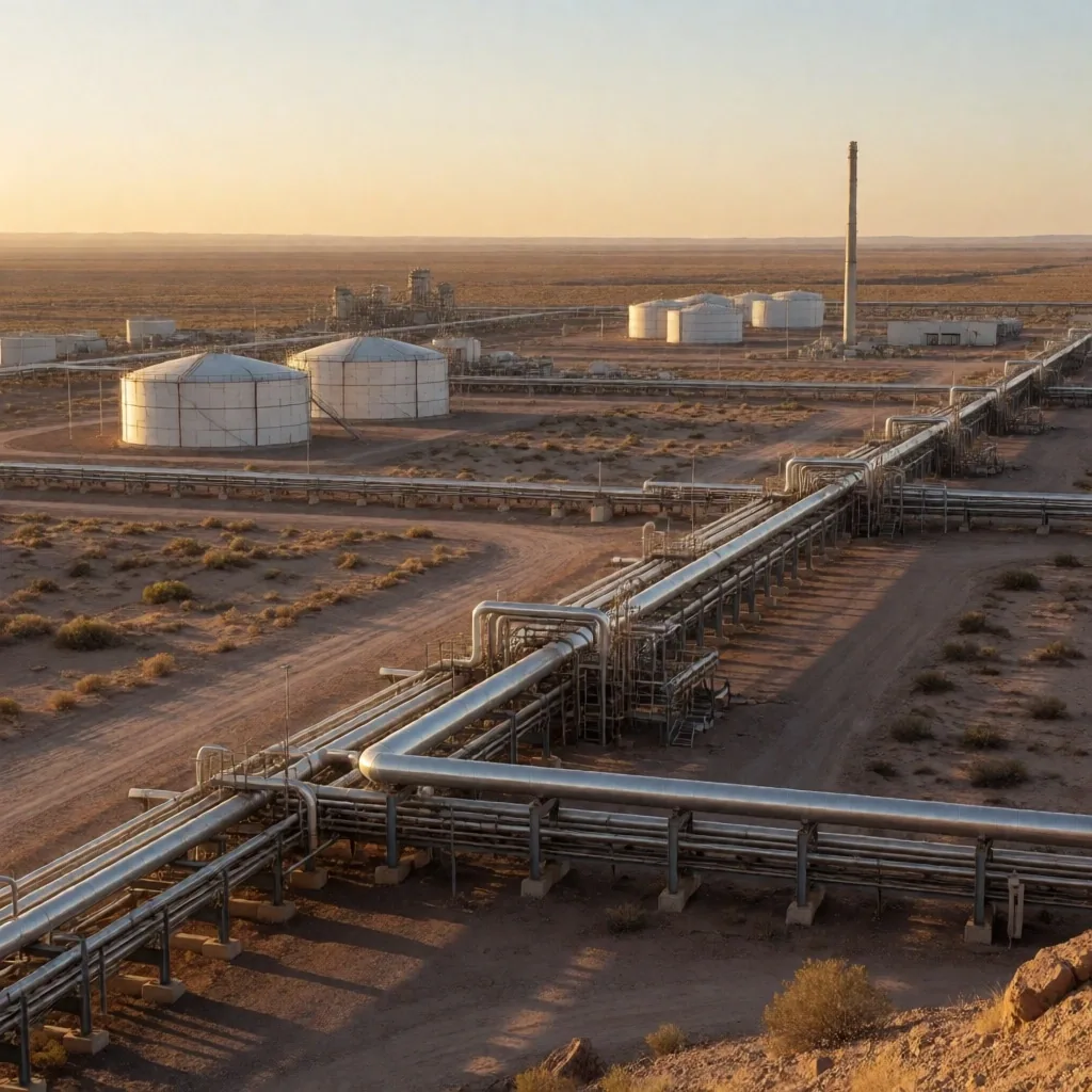 Plataforma de perforación en Vaca Muerta al atardecer