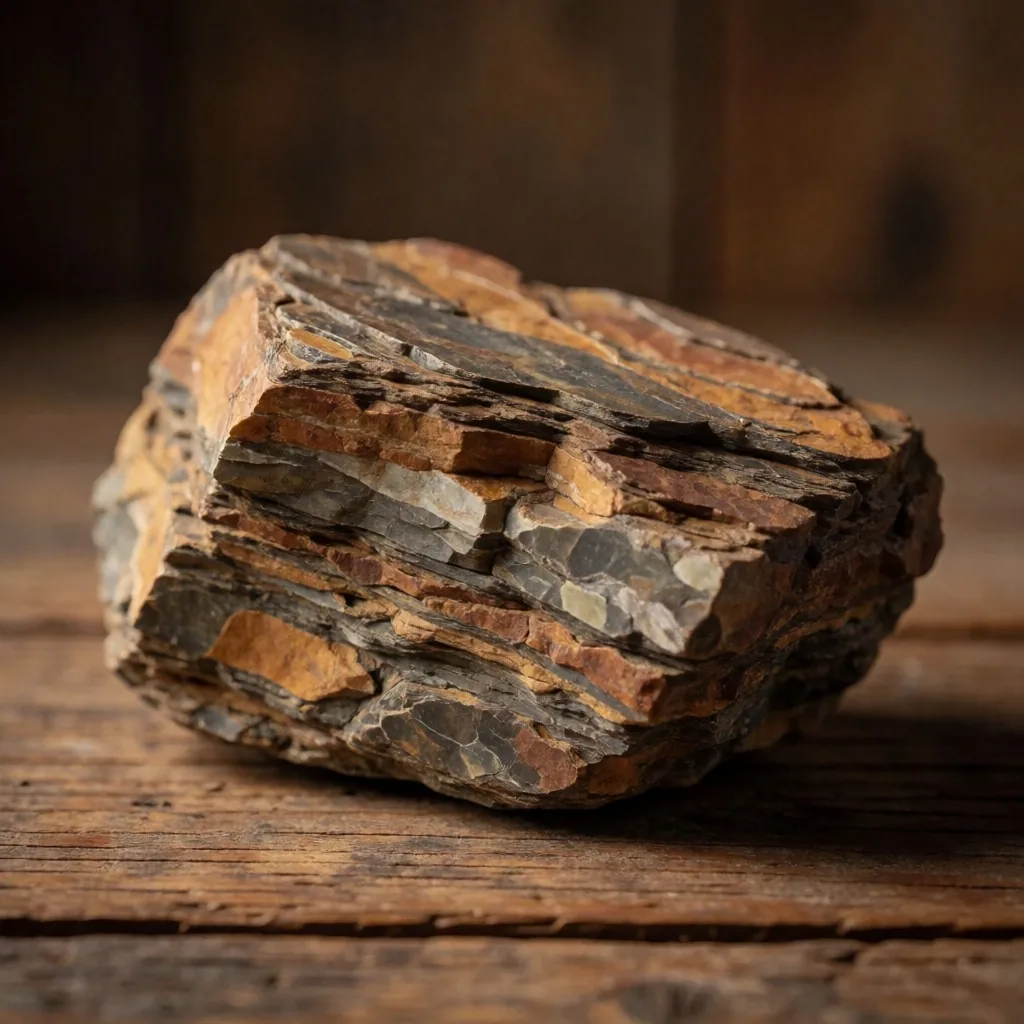 Muestra de roca sedimentaria sobre superficie de trabajo